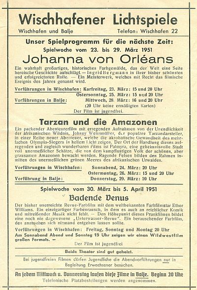 Programm Wischhafener Lichtspiele 1951